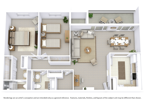 3D floor plan layout for a two-bedroom apartment.